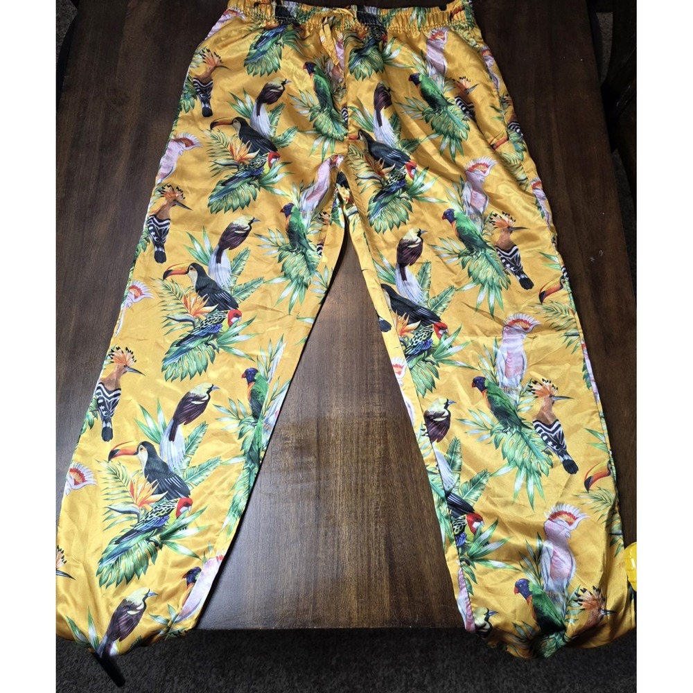 Mad Engine Mens L Tropical Birds of Paradise Gold Satin Jogger Lounge Pants